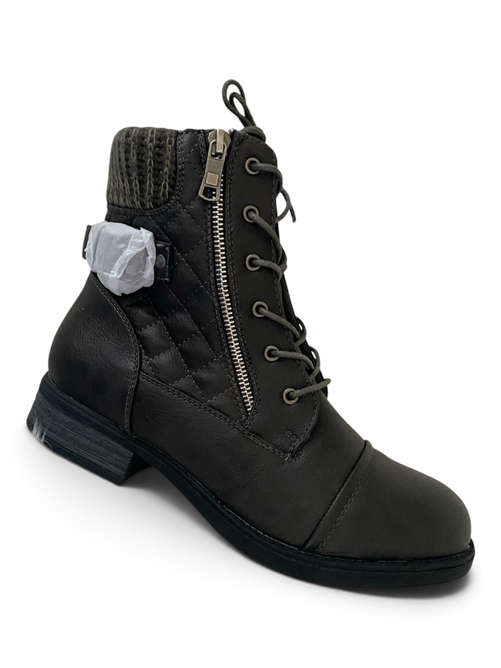 Women's Grey Combat Quilted Lace-Up Ankle Boot with Zip NEW GLOBALWIN